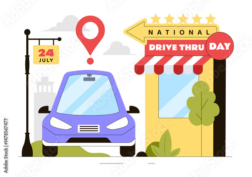 National Drive Thru Day Vector Illustration featuring a Service That Allows Customers to Order and Receive Food From Their Vehicles in a Background