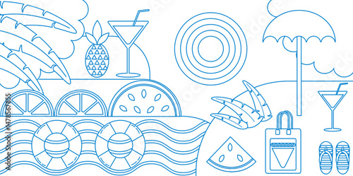 Summer. Set of vector summer backgrounds. Line drawing. Fruit beach umbrella, flip flops and cocktail. Abstract background, patterns for posters, covers, flyers, banners.