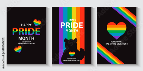 LGBT pride cards, poster, banner, set background. pride month cover with love bear and rainbow colors. Rainbow colored wavy abstract lines. Vector  Template for Pride Month, ads promo, post, web, 