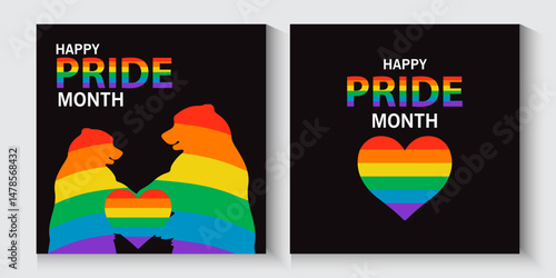 LGBT pride cards, poster, banner, set background. pride month cover with love bear and rainbow colors. Rainbow colored wavy abstract lines. Vector  Template for Pride Month, ads promo, post, web, 