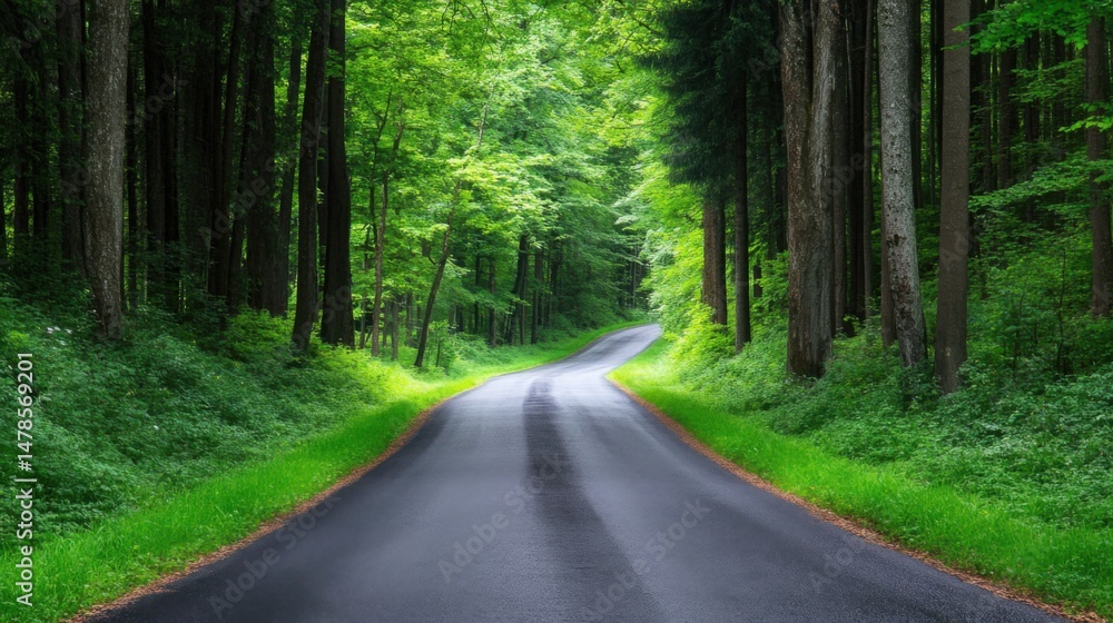 Fototapeta premium Peaceful Curved Road Surrounded by Lush Green Forest Landscape