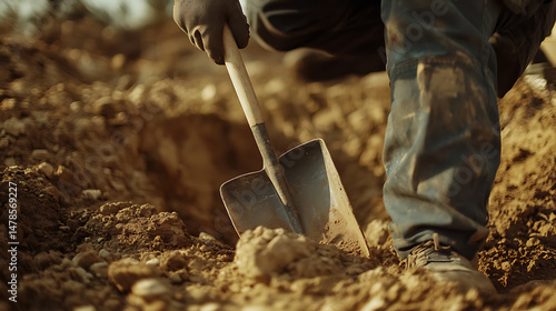 Close-up of a Person Digging with a Shovel in Dirt