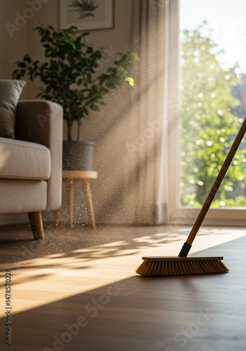 Wallpaper Mural Broom Sweeping Dust from Wooden Floor in Sunlit Living Room - Home Cleaning, Domestic Chores, and Spring Cleaning Torontodigital.ca