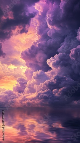 Majestic Cloudscape Reflection at Dusk Purple and Gold Sky over Calm Water Surface Dramatic Weather Phenomenon Nature Photography