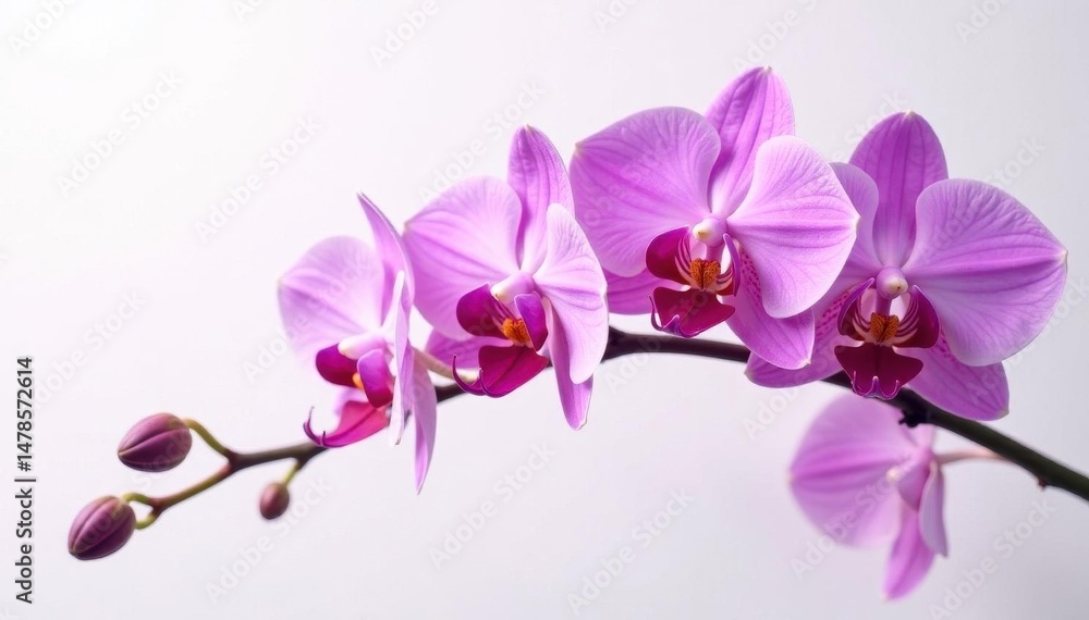 Fototapeta premium Vivid purple orchids, pristine white backdrop, macro, nature, image