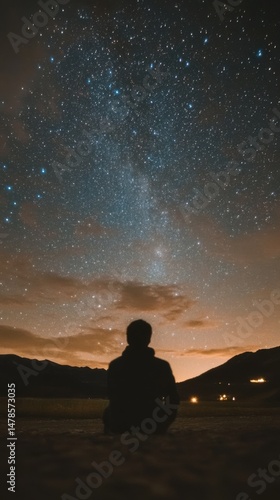 Silhouette of person gazing at milky way galaxy in dark night sky landscape with mountains and stars