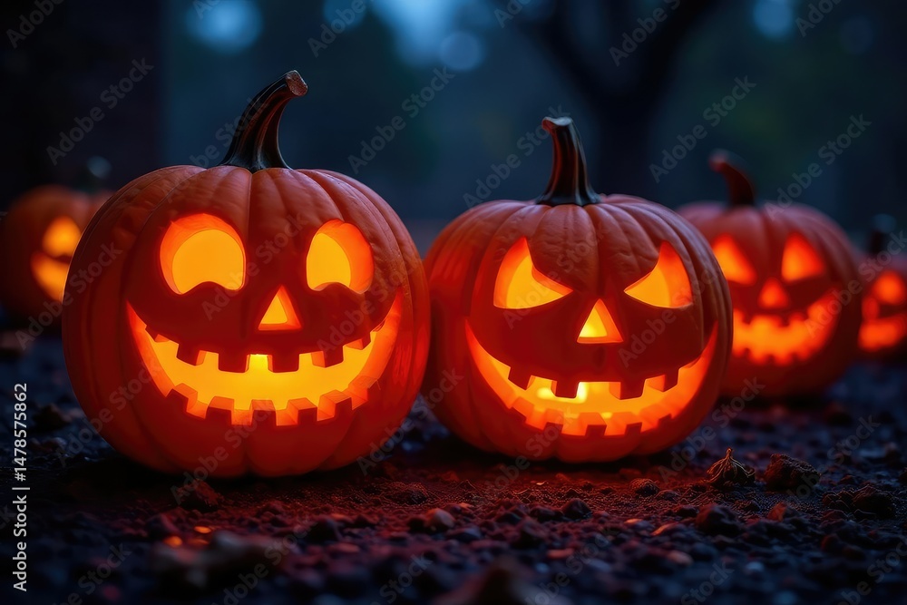 Spooky carved Halloween pumpkins on display, glowing in the dark , october night, october, background Spooky carved Halloween pumpkins on display, glowing in the dark , october night, october, background
