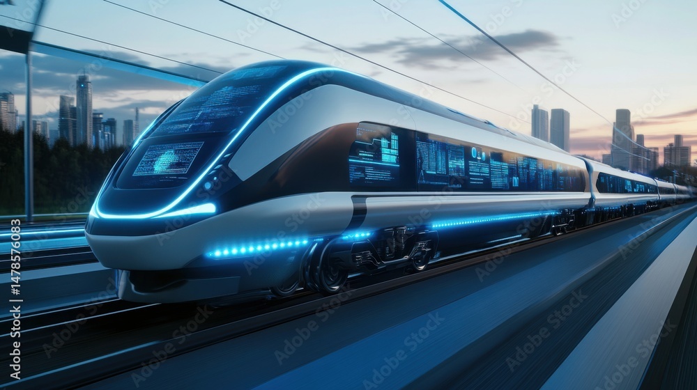 Naklejka premium Futuristic High-Speed Train with Digital Displays in Urban Setting