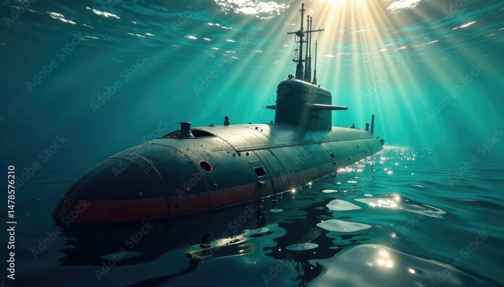 Submerged submarine, water droplets clinging to its hull, sunlight filtering through the surface , light, ocean Submerged submarine, water droplets clinging to its hull, sunlight filtering through the surface , light, ocean