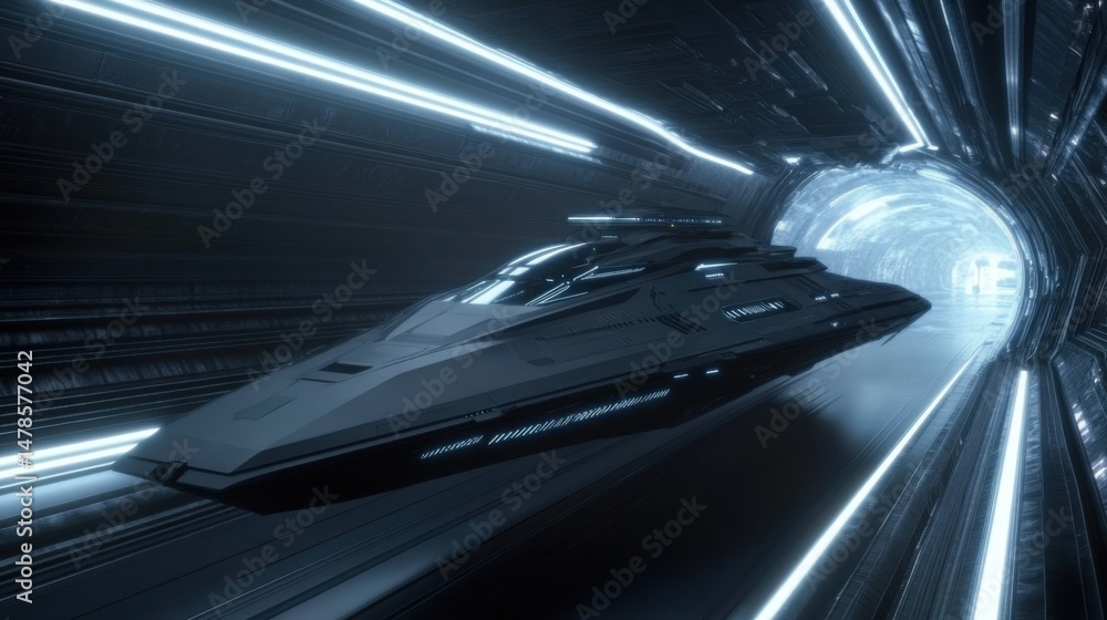 Fototapeta premium Futuristic spaceship traveling through a glowing sci-fi tunnel