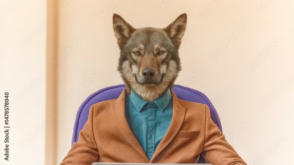 Obraz premium Wolf in Business Suit Office Portrait AI Generated Minimalist