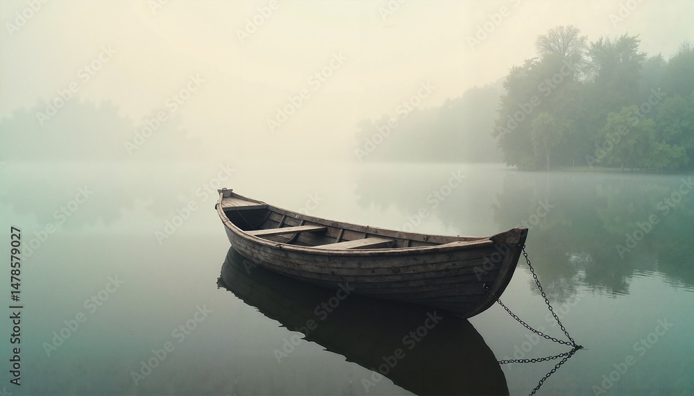 Obraz premium Lonely boat floating on misty lake 