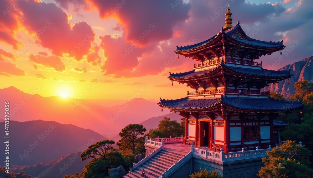 Vibrant sunrise over a colorful Asian temple, intricate details and rich hues , red, clouds, peaceful Vibrant sunrise over a colorful Asian temple, intricate details and rich hues , red, clouds, peaceful