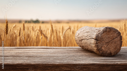 Wooden log on rustic table with wheat field background product display mockup and natural light photo