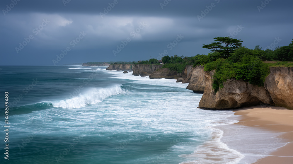 Obraz premium Dramatic coastal cliffs meeting pristine black sand beach