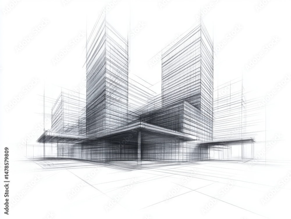 Fototapeta premium Modern Architecture building construction perspective design, building sketch line drawing on white background