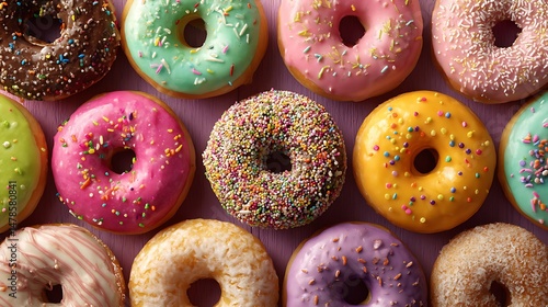 Colorful, glazed doughnuts with sprinkles