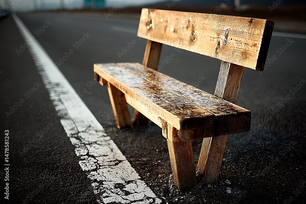 Fototapeta premium Empty Wooden Bench Highway Side