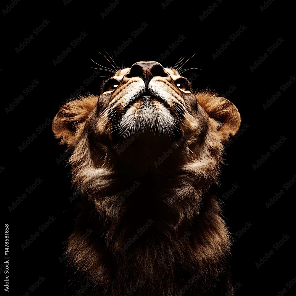 Naklejka premium Lion looking up, dramatic lighting