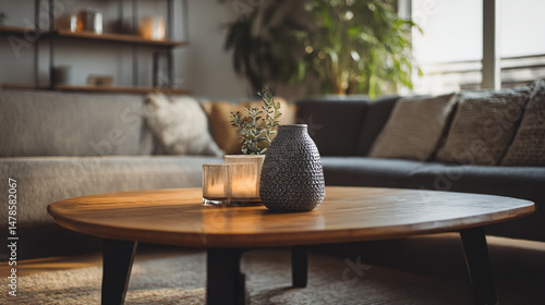 Modern living room interior design with wooden coffee table and decorative objects for home decor ideas