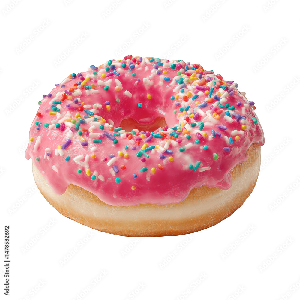 A pink frosted donut covered in colorful sprinkles isolated on a transparent background