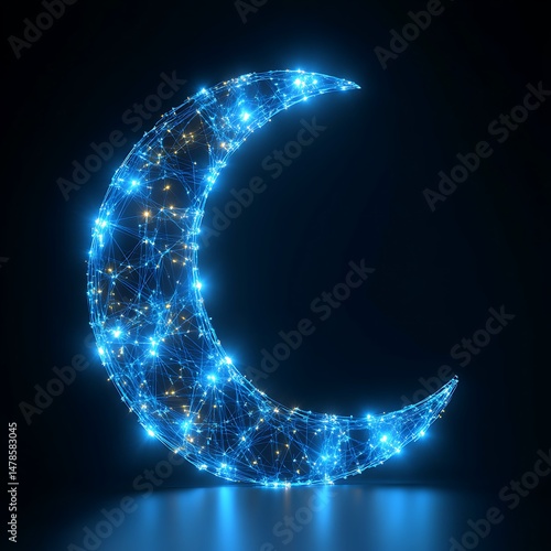Glowing, digital crescent moon