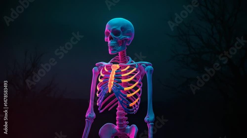 colorful, halloween, Spooky skeleton halloween garden decoration in the dark at night with red eyes, scary Halloween house, 4k slow motion video, neon lights, night, dark, 