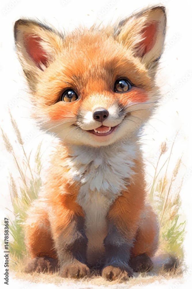 Adorable fox kit, sitting in grass, smiling Adorable fox kit, sitting in grass, smiling