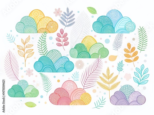 Minimalist Geometric Cloud Doodle Botanical Fabric Design Illustrations