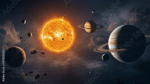 fantasy space, Spread solar system, space science, 4k animation. solar system planets orbit sun, celestial bodies in cosmic space, 