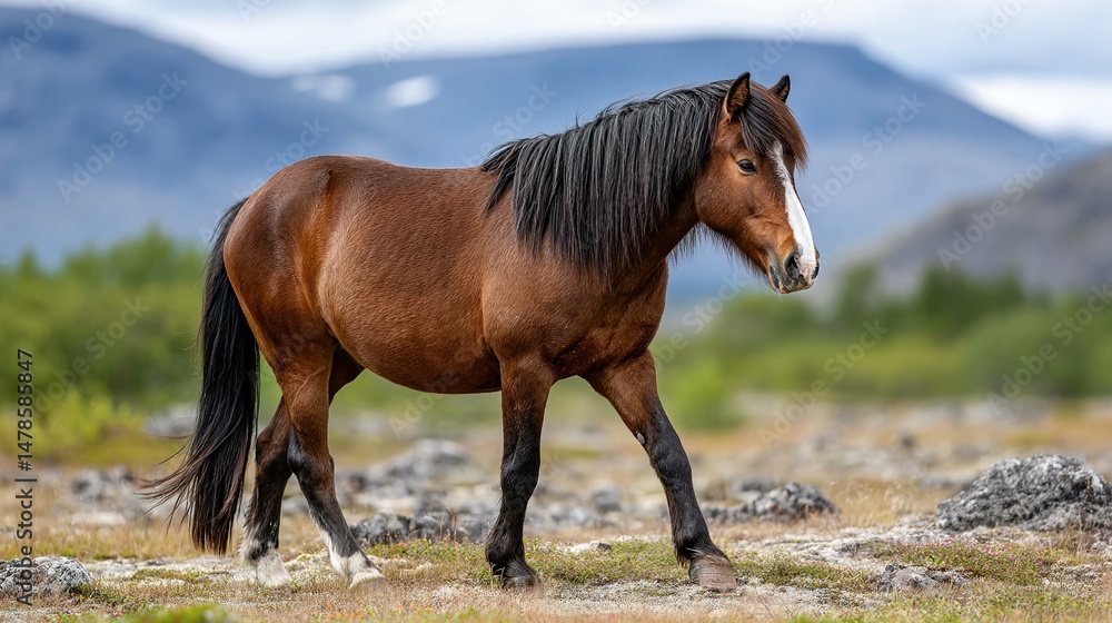 Obraz premium Brown horse walking in nature landscape