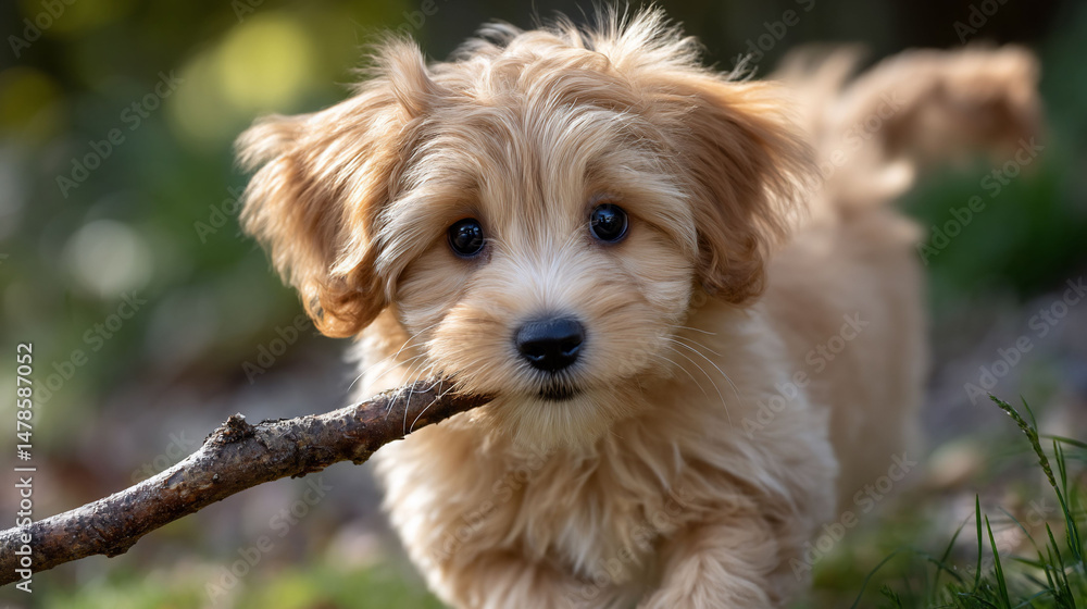 Adorable puppy with stick explores outdoors Adorable puppy with stick explores outdoors