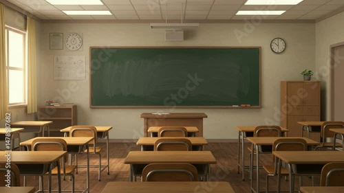 empty school classroom with big chalkboard. seamless 4k video background. classroom, 4k