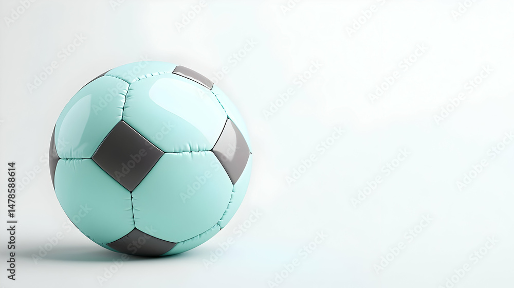 Fototapeta premium Light Blue Soccer Ball With Gray Stitching On White Background