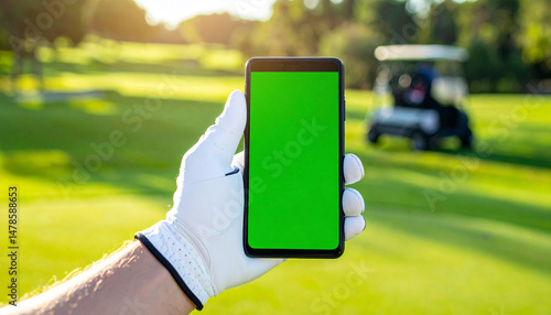 person wearing golf glove holding a smartphone mockup with green screen at golf course.