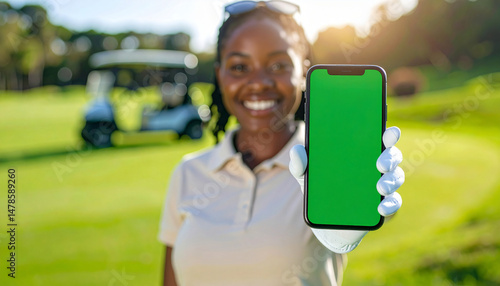 person wearing golf glove holding a smartphone mockup with green screen at golf course.