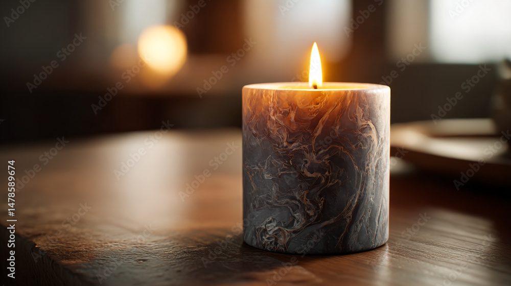 Decorative candle on wooden table burning bright in a warm and inviting home interior setting light Decorative candle on wooden table burning bright in a warm and inviting home interior setting light