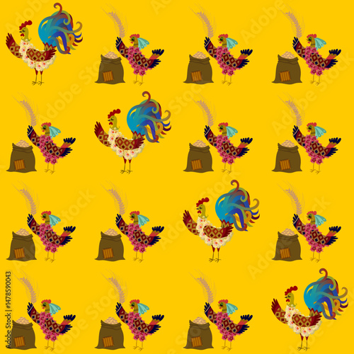 Cute cartoon characters roosters and hens harvest wheat. Endless repeating pattern on a warm yellow background. Fabric print. Year of the Rooster 2029.