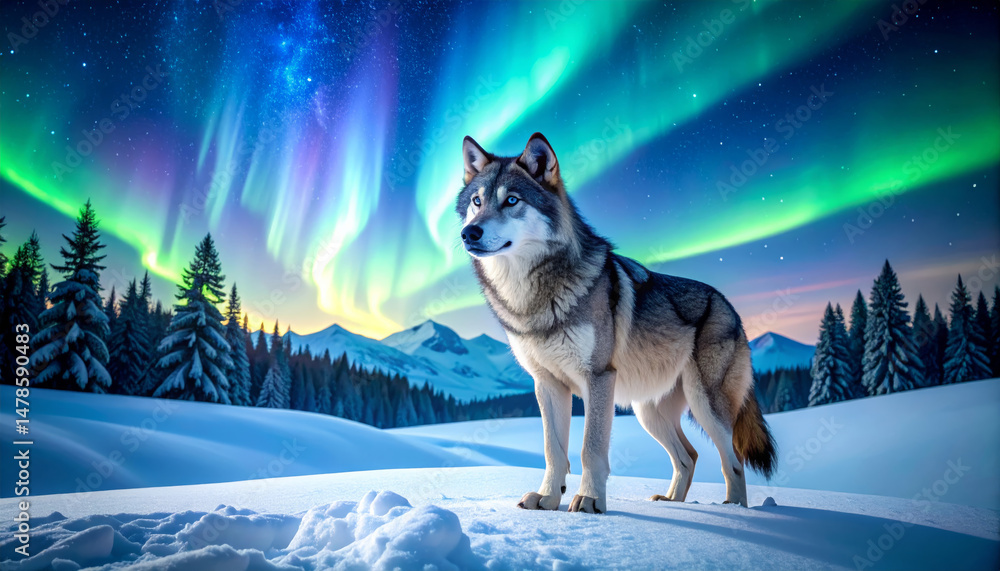 Naklejka premium Majestic wolf standing in snowy landscape under vibrant northern lights, showcasing piercing blue eyes and strong presence. serene atmosphere evokes sense of wonder and beauty
