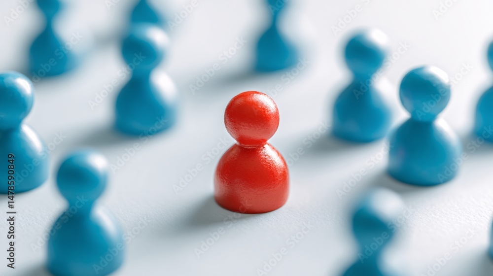 Obraz premium Central Red Pawn Among Scattered Blue Pawn Figures on Light Background: A Symbol of Individuality