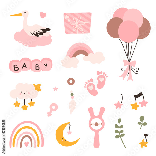 Toddler nursing and health care and hygiene products with decorative elements for baby shower design.	
