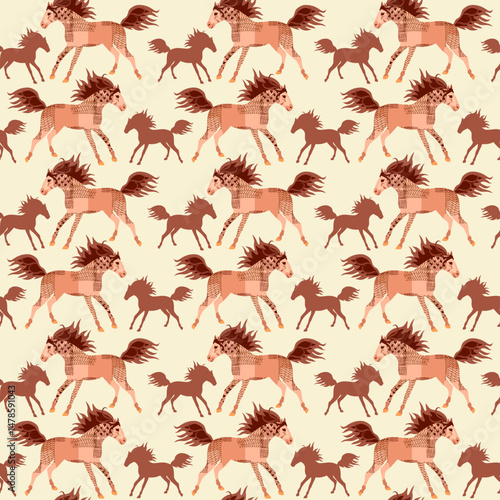 Horses and foals with flowing manes and tails. Seamless animal pattern in brown tones on a light background. Beautiful print for fabric.