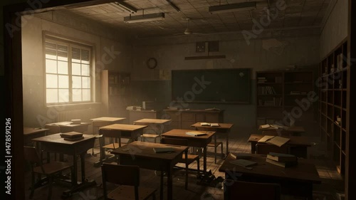 wooden desks, chalkboard, Animation empty school or university classroom with big chalkboard. 4k video, empty classroom, abandoned school classroom, vintage classroom, old school classroom,