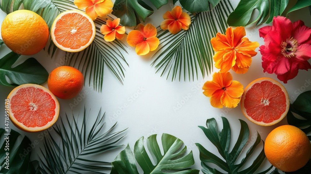 Naklejka premium Tropical fruit and flower arrangement. Fresh citrus fruits, vibrant flowers, and lush palm leaves create a summery, vibrant display on a white background