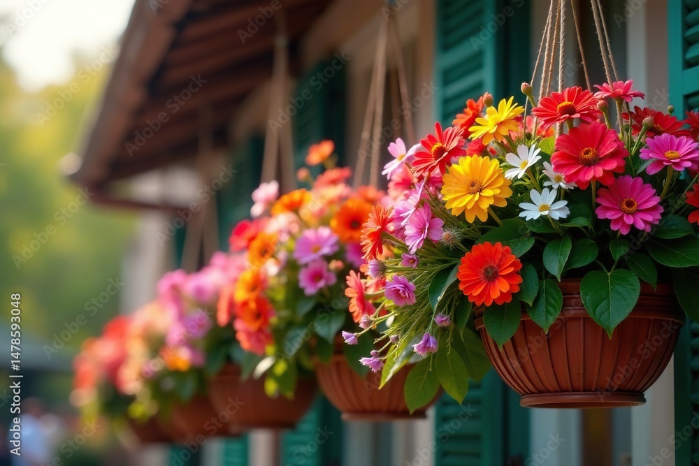 Obraz premium Vibrant overflowing hanging baskets bursting with colorful flowers , plant arrangement, garden, geraniums