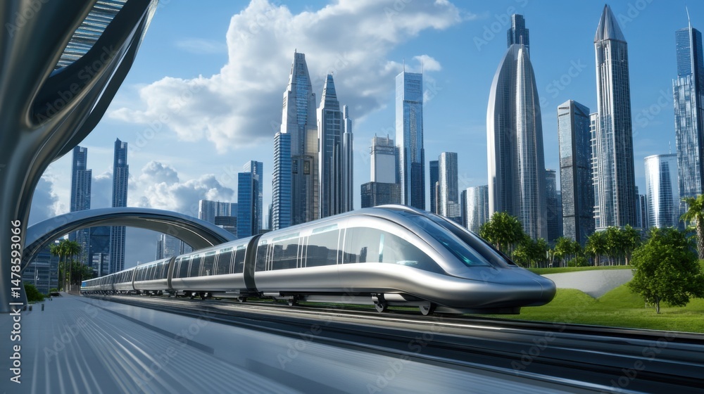 Fototapeta premium Futuristic High-Speed Train with Modern City Skyline Background