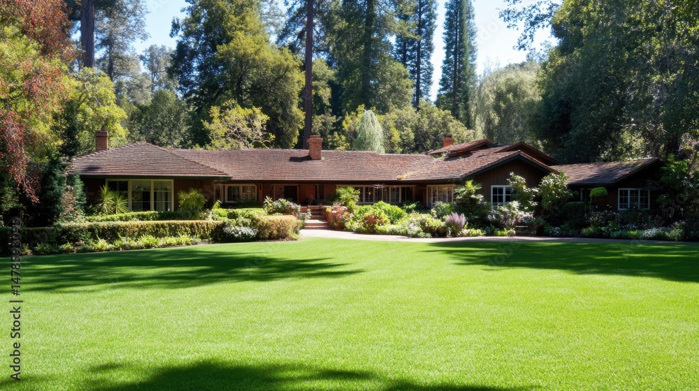 Fototapeta premium Serene suburban home surrounded by lush gardens and trees on a sunny day