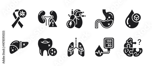 Bold black glyph icons representing various human diseases. Ideal for infographics, healthcare interfaces, and emergency signage.