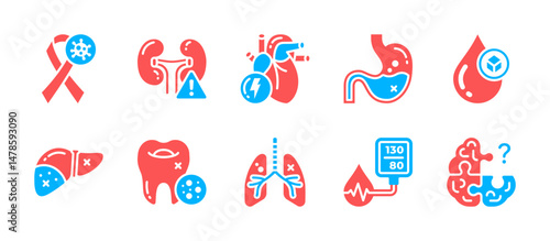 Stylish dual tone icons featuring diseases such as hypertension, blood sugar, and Alzheimer. Ideal for medical infographics and presentations.