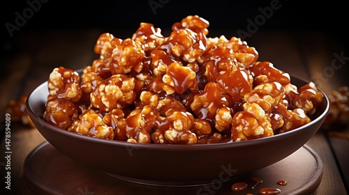 Delicious caramel popcorn in a bowl, close-up shot.